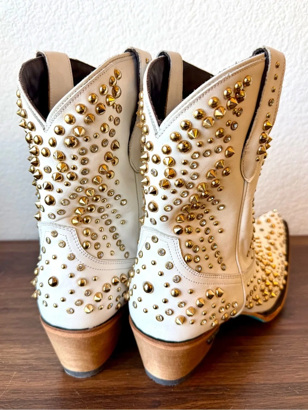 White Studded Lane Boots Dolly Western Ankle Boots with Gold Accents